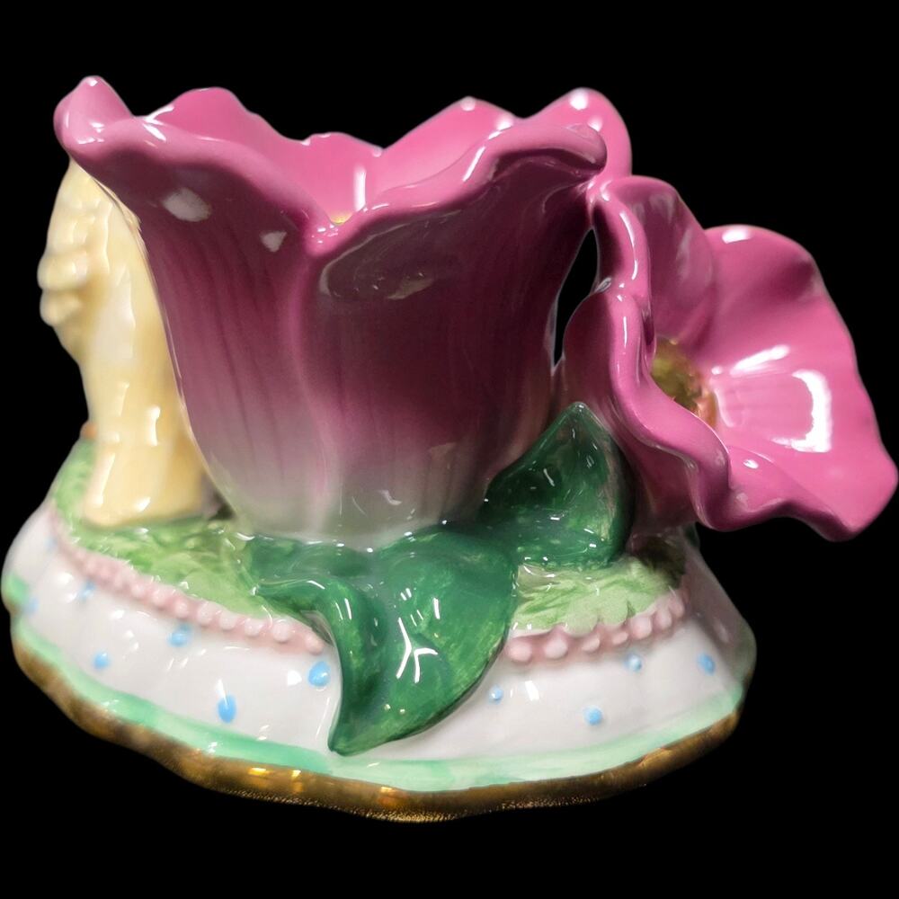 Vintage Porcelain Duck Figurine Candle Holder with Blue Bow and Gold Trim - Picture 2 of 7